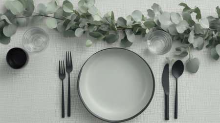 Minimalist dining table setup with monochrome dishes, black cutlery, and a simple eucalyptus garland centerpieceの素材
