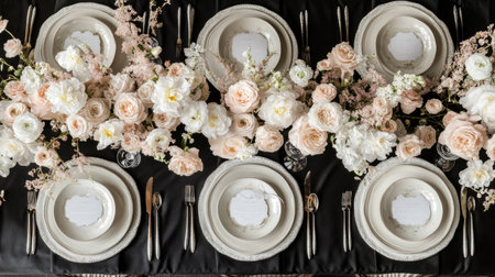 Monochrome table setting with black tablecloth, white plates, and subtle floral accents for a dramatic lookの素材