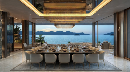 Modern luxury dining room with statement pendant lights, elegant textures, and flawless decorの素材