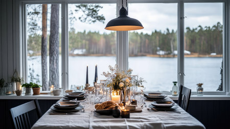 Nordic-style dining table by a large window, decorated with soft linens and natural centerpiecesの素材