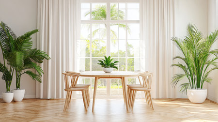 Natural light fills a modern dining space with Scandinavian furniture, indoor plants, and clean linesの素材