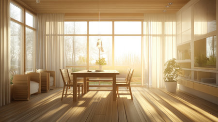 Natural materials and clean designs fill this serene Scandinavian-style dining room in soft sunlightの素材