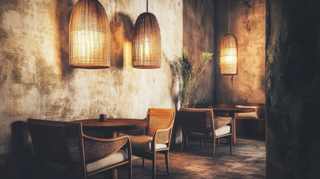 Quaint dining room with warm ambient lighting, textured walls, and homely wooden furnitureの素材