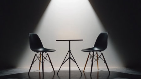 Simple dining nook with two chairs and table in front of blank wall, softly lit by natural lightの素材