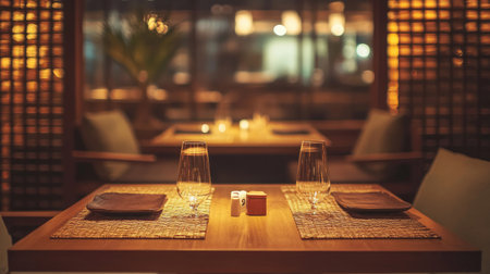Warm cozy dining room with soft lighting, rustic wooden table, and woven placemats surrounded by cushioned chairsの素材