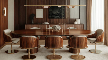 Warm-toned dining space with walnut wood table, curved chairs, and brass lighting for a cozy modern lookの素材