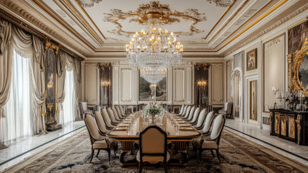 Majestic dining room interior with large banquet table, ornate ceiling, and grand chandelier lightingの素材