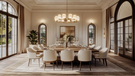 Immaculate luxury dining room with serene ambiance, soft textures, and ambient lightingの素材