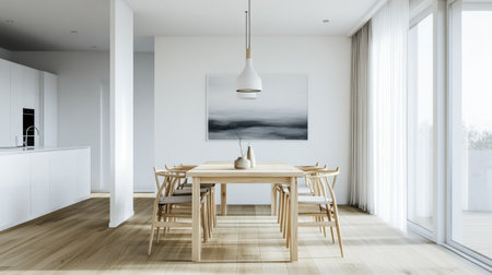 Scandinavian-style dining room with white walls, light wood furniture, minimal art, and soft daylightの素材