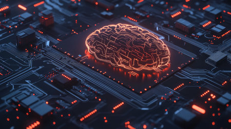 Abstract D render of AI brain chip integrated with microcircuits and digital signals on a black backgroundの素材