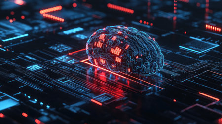 Abstract D render of AI brain chip integrated with microcircuits and digital signals on a black backgroundの素材