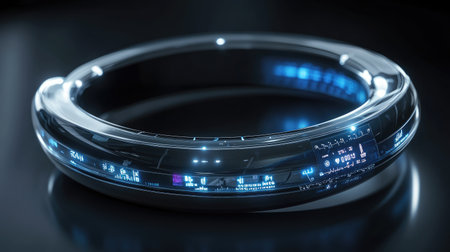 Advanced wearable tech with biometric scanning, health metrics, and data sync interface on a dark backgroundの素材