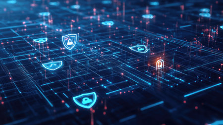 Abstract representation of cybersecurity with glowing shield icons, digital locks, and code lines on a blue matrix backgroundの素材