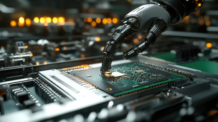 AI-powered robotic arm assembling circuit boards on a sleek automated production line, surrounded by high-tech componentsの素材