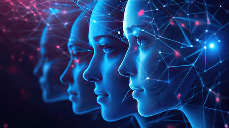 AI face detection system highlighting facial geometry points and matching identity from secure databaseの素材