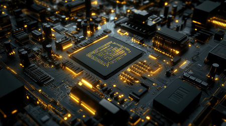 Circuit board close-up with tiny components, microchips, and intricate pathways under sharp lighting, showcasing hardware designの素材