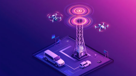 Clipart G tower emitting concentric rings, connected phone, car, and drone icons, highlighting next-gen wireless reachの素材