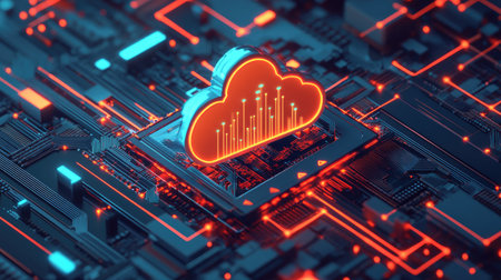 Cloud icon with arrows indicating instant upload and download, surrounded by circuits and digital data streamsの素材
