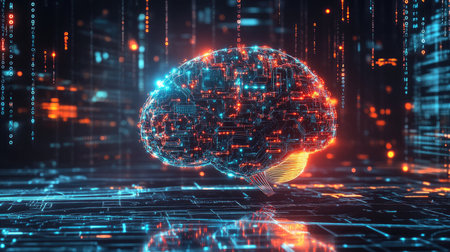 Conceptual AI brain glowing with light paths and circuits, surrounded by abstract code and data flow graphicsの素材