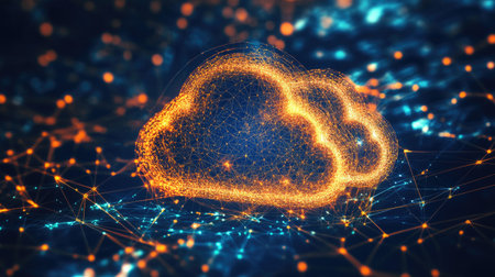 Cloud with instant lightning-like data connections to mobile and IoT devices, forming a vibrant digital networkの素材