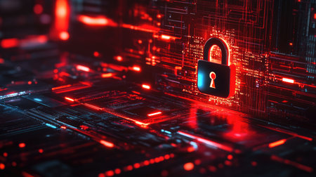 Conceptual rendering of digital encryption with padlock, blockchain icons, and layered data protectionの素材