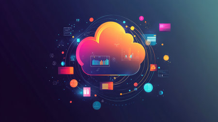 Cloud infrastructure logo with rotating server icons and dotted cloud shape, in flat and clean vector styleの素材