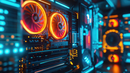 Cryptocurrency mining rig with glowing GPUs, fans spinning, and cables neatly arranged in a cool-lit environmentの素材