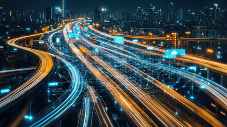 Connected highway infrastructure with smart signs, sensors, and data overlay visualsの素材