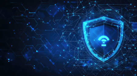 Cyber defense banner with firewall graphics, shield icon, and security layers in electric blueの素材