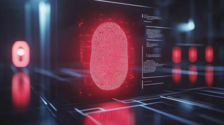 Digital authentication interface with biometric scan, password prompt, and token verificationの素材