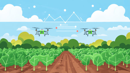 Flat clipart smart farming scene with sensor-equipped crop rows, drone sprayer icon, and data graph overlayの素材