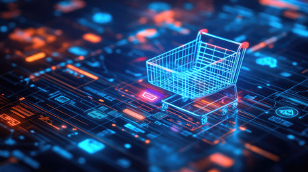 E-commerce tech banner with shopping cart icons, data analytics charts, and digital retail layersの素材