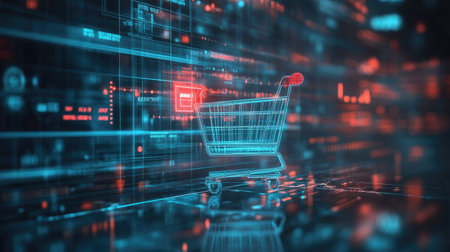 E-commerce concept with shopping cart icon and digital currency overlays on a futuristic backgroundの素材