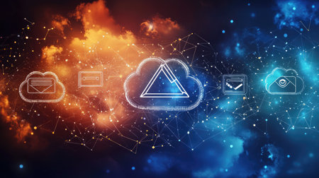 Evolution of data transfer from postal letters to cloud icons overlaid on digital gradient backgroundの素材