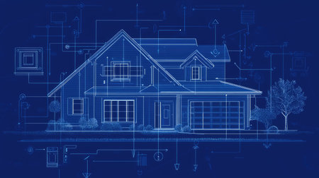 Flat design of smart home blueprint with arrows showing instant connectivity between lights, doors, and appliancesの素材