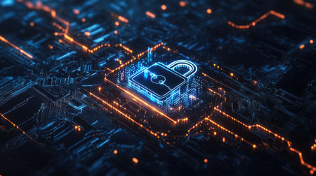 Evolution of cybersecurity tech from lock-and-key symbols to biometric and blockchain representationsの素材