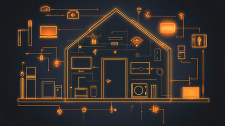 Flat design of smart home blueprint with arrows showing instant connectivity between lights, doors, and appliancesの素材