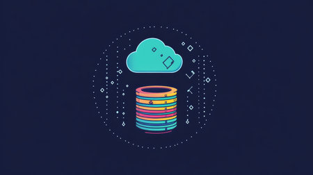 Flat style logo showing layered cloud, database cylinder, and code brackets, reflecting SaaS and backend techの素材