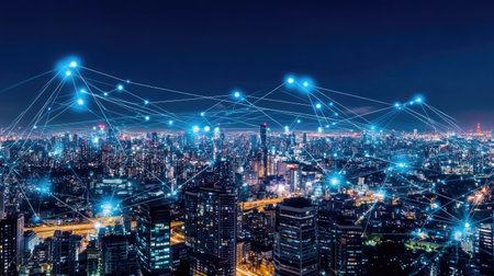 Futuristic cityscape with instant connectivity beams between buildings, symbolizing smart infrastructureの素材