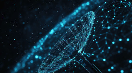 Futuristic logo concept with radar dish, beam lines, and pixel clusters illustrating satellite or communication techの素材