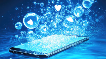 Instant messaging technology concept with chat bubbles floating above a smartphone with radiating signal wavesの素材