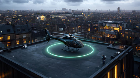 Modern electric helicopter concept at a rooftop eVTOL landing padの素材