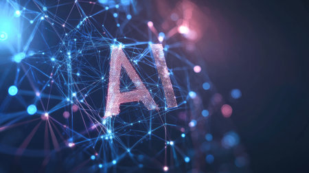 Modern technology logo with stylized AI letters formed from connected nodes and circuit traces, floating over clean backdropの素材