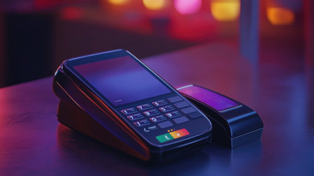 NFC payment animation between phone and payment terminal, with instant transaction confirmation on displayの素材