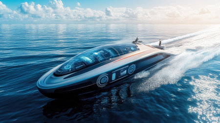 Prototype autonomous boat with satellite and sonar systems labeled in ARの素材