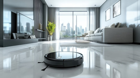 Robotic vacuum cleaner gliding across a modern living room floor, highlighting smart home automation featuresの素材