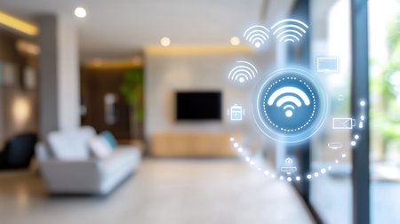 Smart home hub emitting signals to connected devices, representing instant automation and synchronized controlの素材
