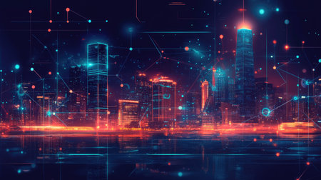 Smart city banner with connected buildings, infrastructure sensors, and data cloud overlaysの素材