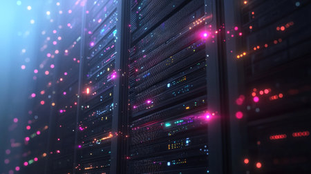 Server rack emitting digital beams to multiple user devices, representing instant data delivery across networksの素材