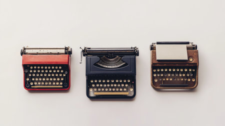 Typewriters to tablets progression laid out on a minimalist white background showing tech transformationの素材